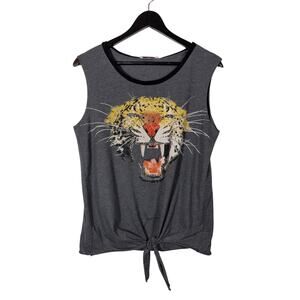 Tiger Tie-Front Tank Top Gray Bejeweled Rhinestones Gems Body Central